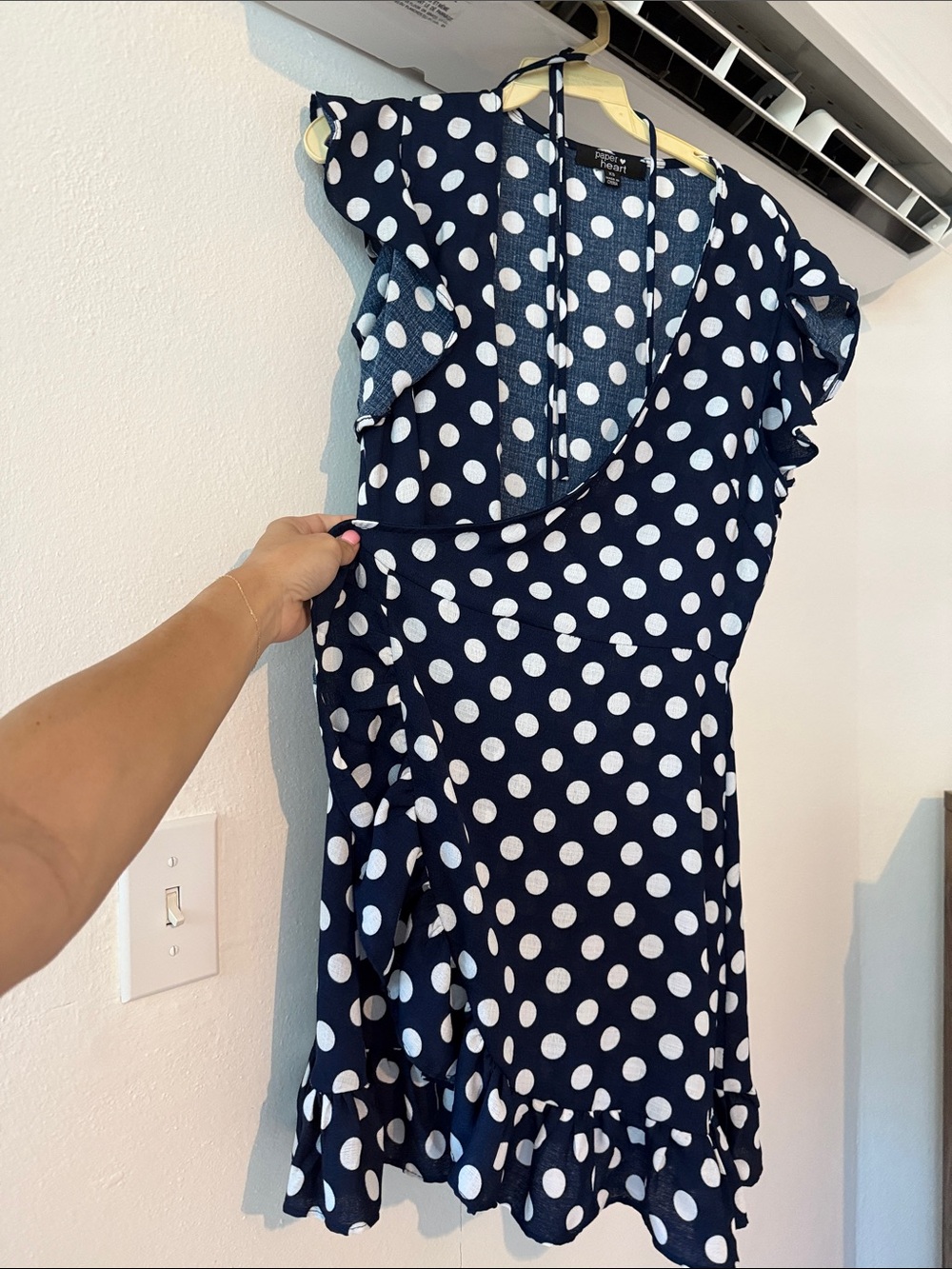 Polka Dot Navy Wrap-Around Dress with Ruffle Hem